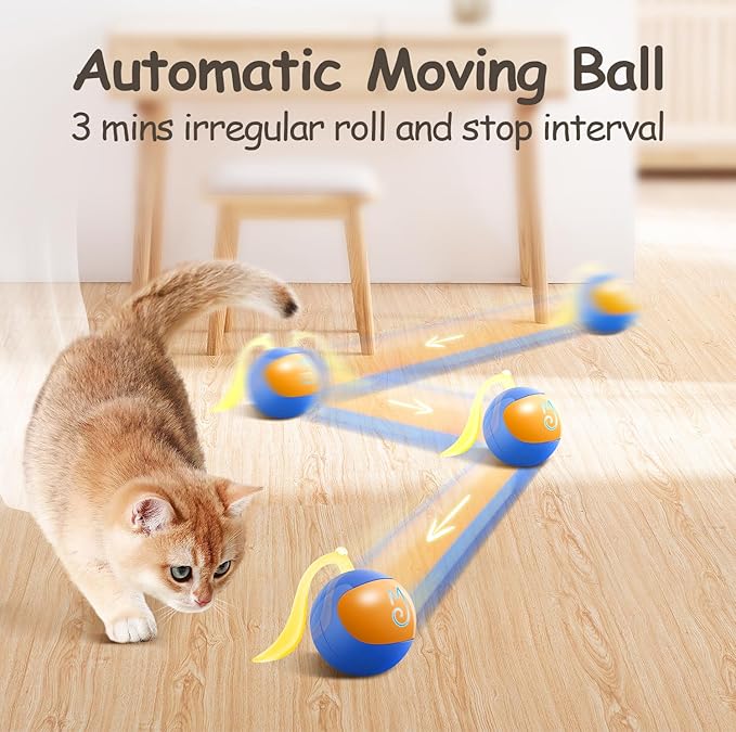 Migipaws Interactive Cat Ball Toy Set, Fun Tracker, Automatic Rolling Chase Ball with Fluffy Tail, A Small Mice, Rechargeable（Blue）
