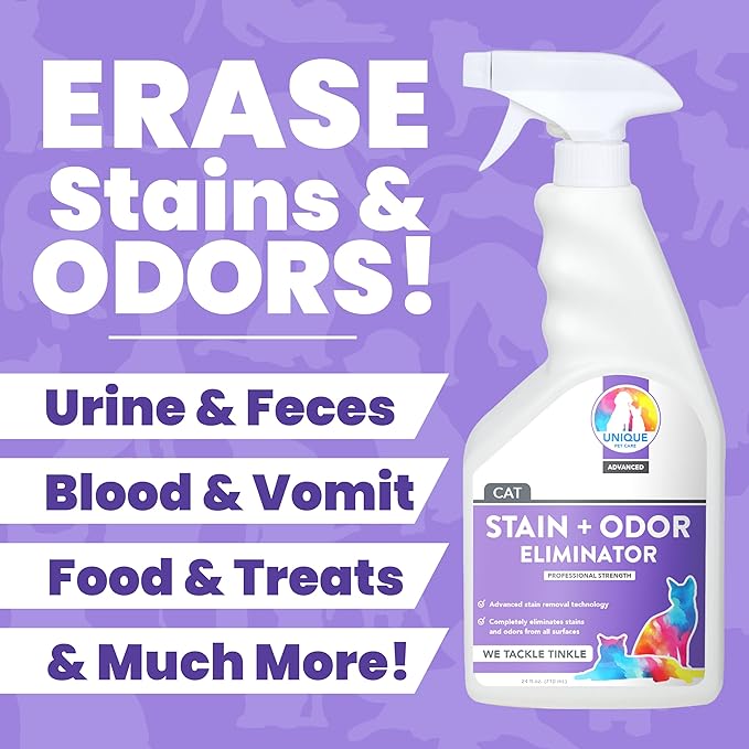 Unique Advanced Cat Odor + Stain Remover - 24 oz. Ready-to-Use Liquid Spray - Cat Urine Remover, Eliminates Stains and Removes Pet Odors