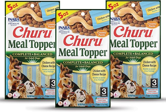 INABA Churu Meal Topper for Dogs, Complete & Balanced, Creamy, Lickable Purée Dog Food Toppers, 1.69 Ounce Tube, 9 Tubes (3 per Pack), Chicken with Cheese Recipe