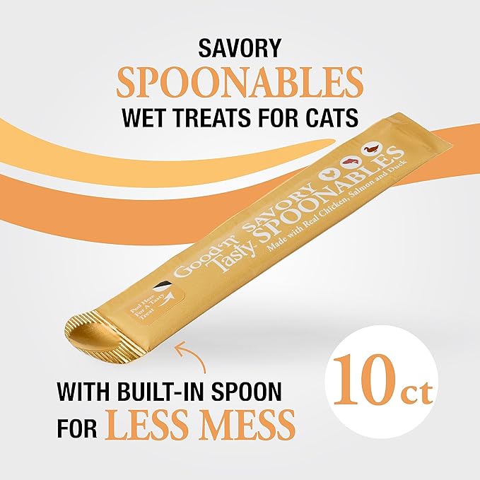Good ‘n’ Tasty Savory Spoonables with Real Chicken, Salmon & Duck, 10 Count Tube, Triple Flavor Squeezable Lickable Wet Treats for Cats with Built-in Spoon for Less Mess
