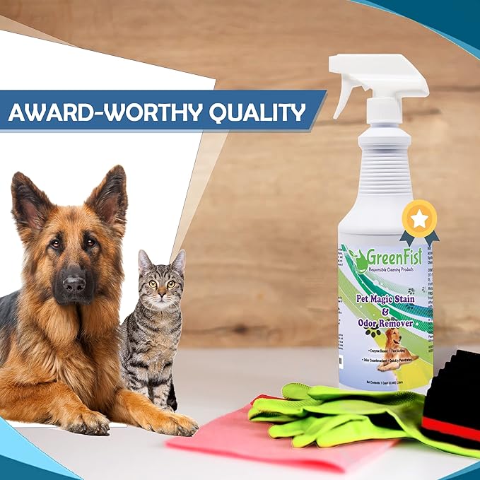 GreenFist Pet Stain & Odor Remover Magic Fast Acting Carpet Spot Cleaner Enzyme Powered Formula Cats,Dogs, Small Animal, 32 oz Spray