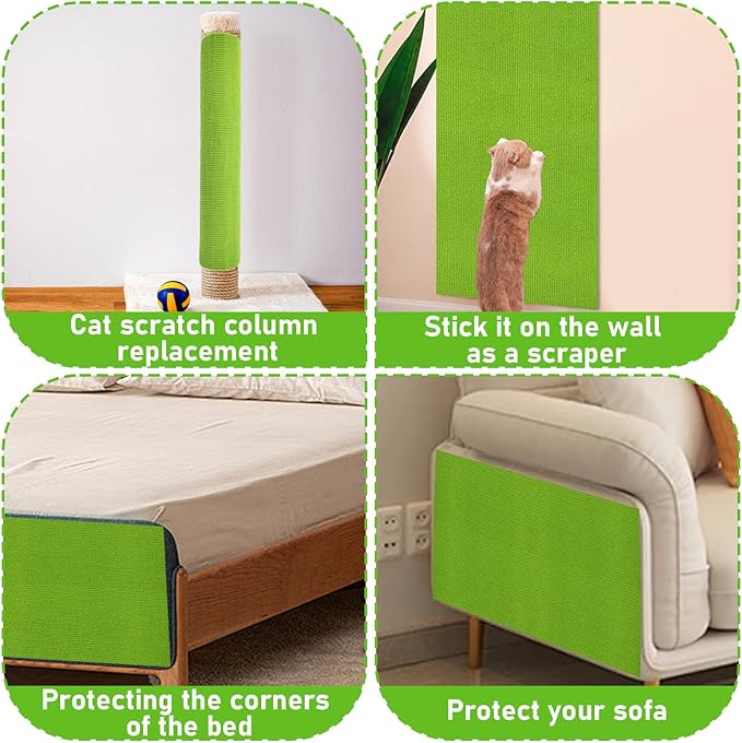 Trimmable Cat Scratching Post Carpet Covered 78.7”x15.8” Self-Adhesive Cat Tree Shelves Replacement Parts Mat Cat Scratcher for Cat Tree Shelf Steps Couch Furniture DIY Protector（Green）