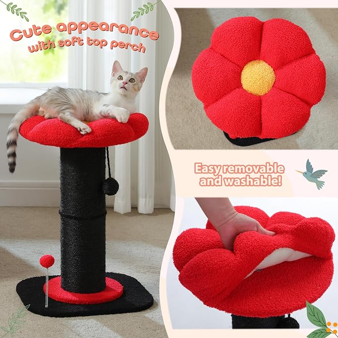 PEQULTI Flower Cat Scratching Post, Gothic Cat Tree, Tall Cat Scratcher for Indoor Cats with Super Thick Scratching Post [Dia=5.5''], Removable Flower Cat Bed, Cat Scratch Post with Spring Ball, Black