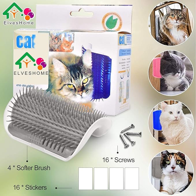 Cat Grooming Brush 4 Set, Self Groomer, Slicker Brush Tool for Shedding, Pet Grooming Supplies for Short Long Hair Cats