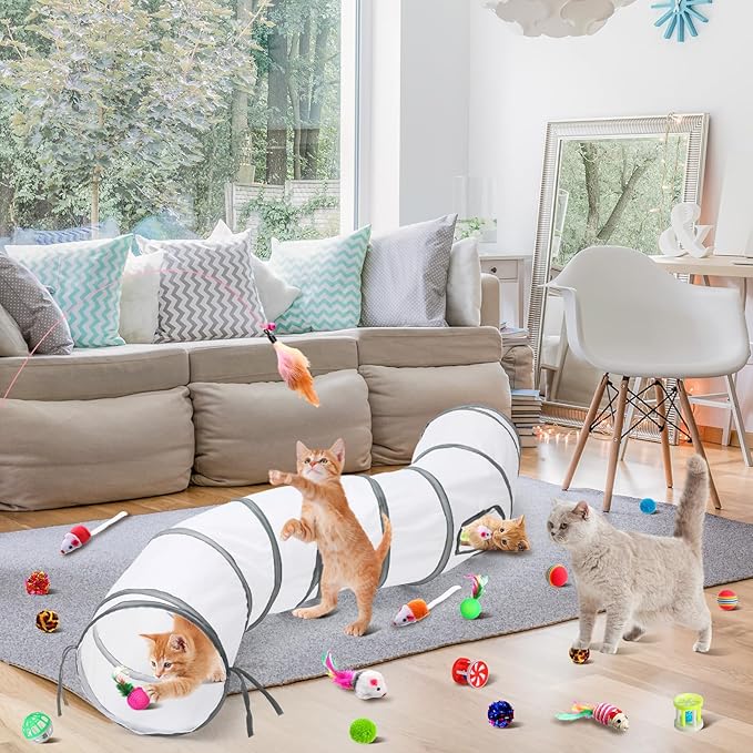 Wettarn 22 Pieces Cat Toys Set, with 2 Collapsible Cat Tunnels for Indoor Cats and 20 Kitten Toys Cat Tubes and Tunnels Interactive Cat Feather Toy Mouse Crinkle Balls for Cats Puppies (White)