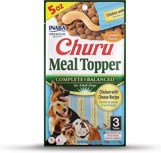 INABA Churu Meal Topper for Dogs, Complete & Balanced, Creamy, Lickable Purée Dog Food Toppers, 1.69 Ounce Tube, 3 Tubes (3 per Pack), Chicken with Cheese Recipe