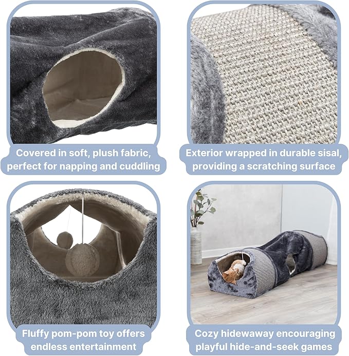 TRIXIE Cat Tunnel for Indoor Cats - Cozy Peekaboo Cat Cave Including Dangling Cat Toys - with Sturdy Sisal Scratching Surfaces - Collapsable and Easy to Store Cat Tube - in Gray
