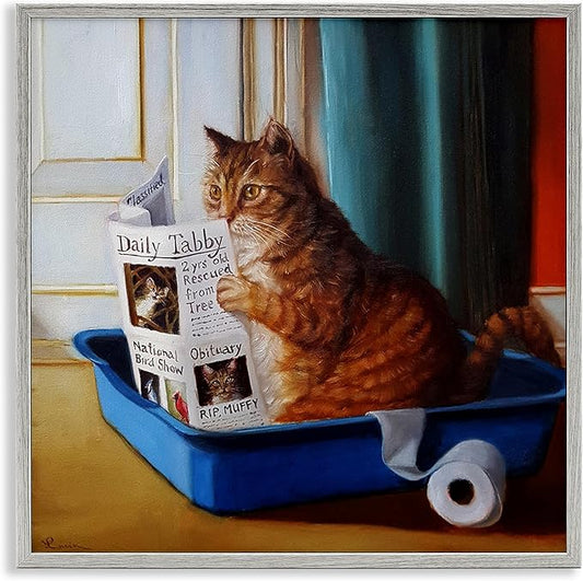 Stupell Industries Litter Box Reading Funny Cat Pet Painting, Design by Lucia Heffernan Gray Framed Wall Art, 12 x 12, Multi-Color
