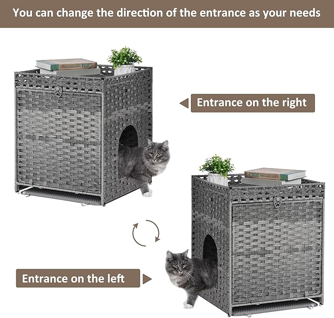 Cat Litter Box Enclosure with Soft Litter Mat; Hidden Cat Washroom Furniture with Door; Handwoven Rattan Cat House; Pet Crate for Living Room, Bedroom, Balcony (Grey)