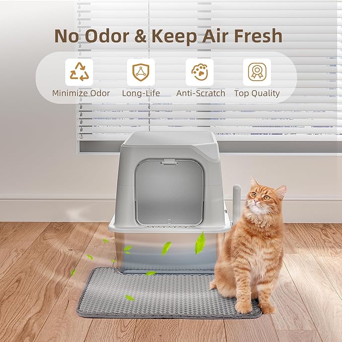 Stainless Steel Cat Litter Box with Lid, Extra Large Litter Box, Great for Large & Small Cat, Easy to Clean, Anti-Leakage, Non-Sticky, Multifunctional 2 in-1 Metal Cat Litter Box - Light Gray