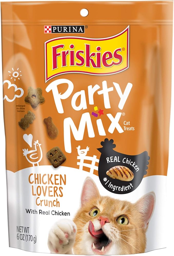 Purina Friskies Made in USA Facilities Cat Treats, Party Mix Chicken Lovers Crunch - (6) 6 oz. Pouches