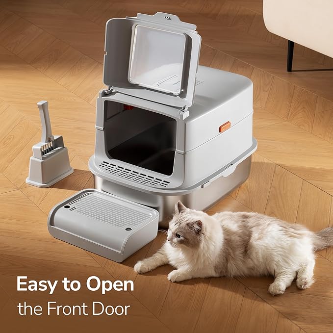 Stainless Steel Litter Box with Lid – XL Removable Covered Cat Litter Box with Door Flap,Extra Large Enclosed Metal Litter Box with High Sides,Litter Scoop – Durable & Easy to Clean,LightGrey