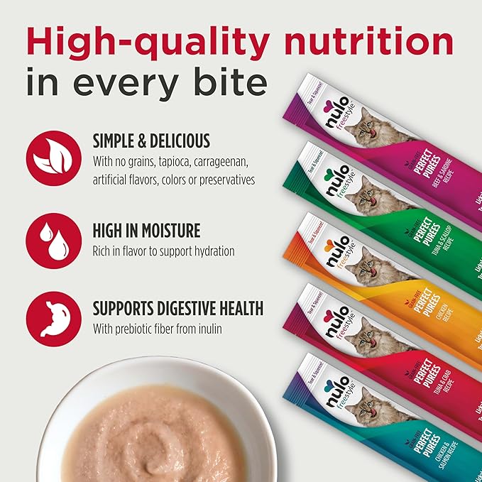 Nulo Freestyle Grain-Free Perfect Purees Premium Wet Cat Treats, Squeezable Meal Topper for Felines, High Moisture Content to Support Cat Hydration, 0.5 Ounce, 40-Count Variety Pack