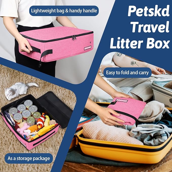 Petskd Portable Cat Travel Litter Box with Lid and 10 pcs Disposable Liner Bags, Leak-Proof and Collapsible, Cat Travel Essentials for Car Travel, Hotel, Airplane and Other Outdoor Use(Pink)