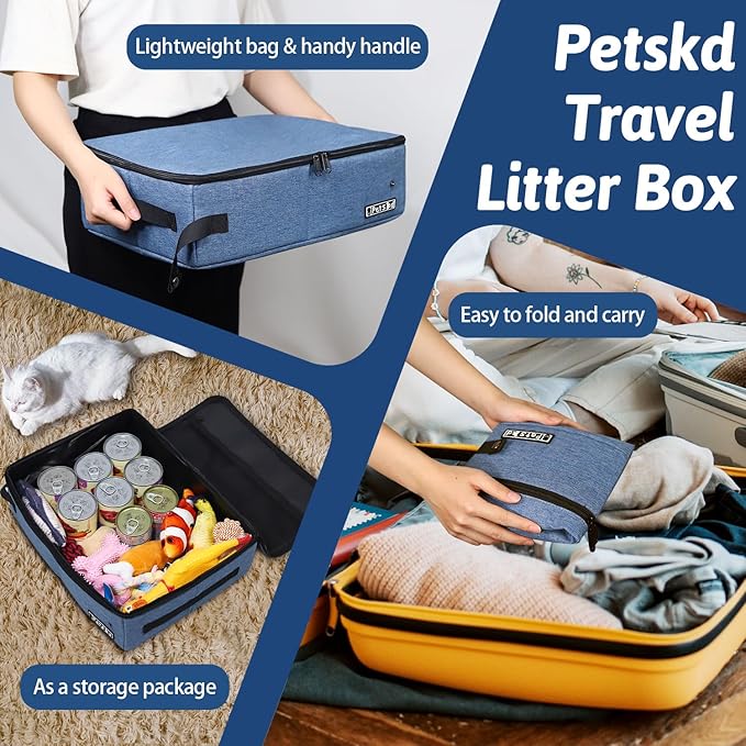 Petskd Portable Cat Travel Litter Box with Lid and 10 pcs Disposable Liner Bags, Leak-Proof and Collapsible, Cat Travel Essentials for Car Travel, Hotel, Airplane and Other Outdoor Use(Blue)