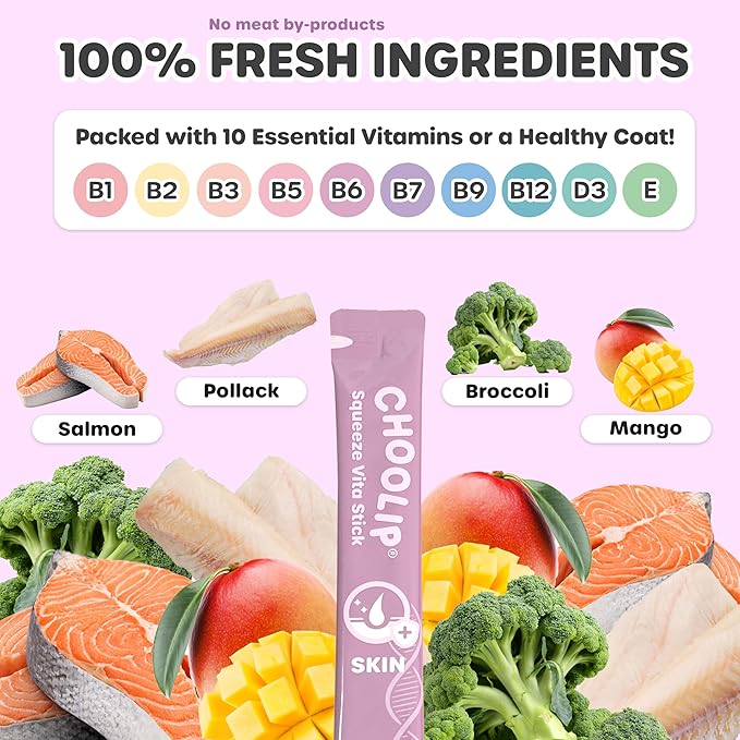 Squeeze Vita Stick Lickable Treats for Dogs & Cats. 7 Skin & Coat Support Sticks with Essential multivitamins. Soft and Tasty Paste for All Life Stages, Supporting Skin & Coat Health