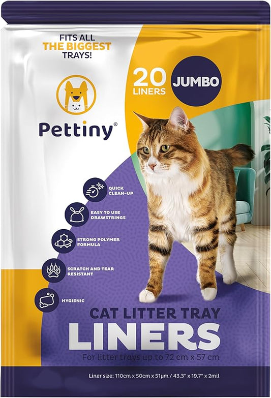 Jumbo Cat Litter Box Liners with Drawstrings - 43" x 19" Scratch Resistant Cat Litter Bags for Jumbo Litter Trays - Kitty Litter Bags and Cat Box Liners - Easy to Use Cat Litter Liners - 20 Count