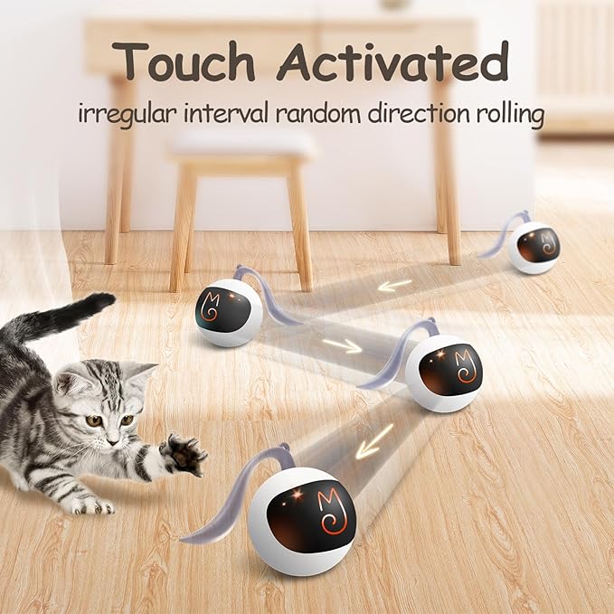 Migipaws Interactive Cat Ball Toy Set, Fun Tracker, Glowing Chase Ball with MystiChaser Pouch, Fluffy Tail, A Small Mice (White)