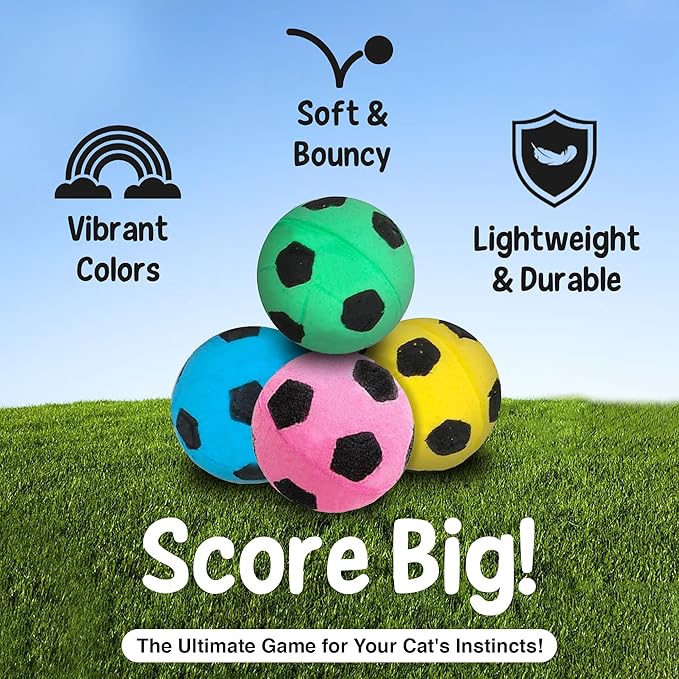 Vila Cat Soccer Balls, Feline Entertainment and Enrichment, Physical, and Mental Workout, Kitty’s Silent Companion, Foam Sponge, Pink, Yellow, Green, Blue, 1.5” -2” (Diameter), 12 Pcs per Pack 