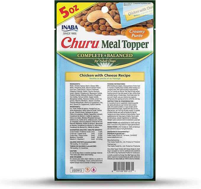 INABA Churu Meal Topper for Dogs, Complete & Balanced, Creamy, Lickable Purée Dog Food Toppers, 1.69 Ounce Tube, 3 Tubes (3 per Pack), Chicken with Cheese Recipe