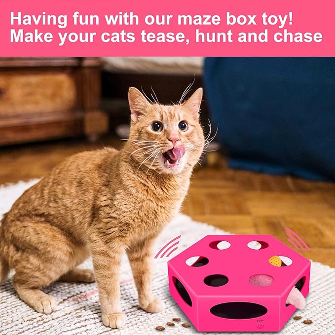 FluffyDream Interactive Cat Maze Box Toy, Electrical Cat Exercise Teaser Toy with Plush Tail & Ball Contains Bells, Fluffy Toys, Toys for Indoor Cats, Pets, Kitten, Kitty, Pink