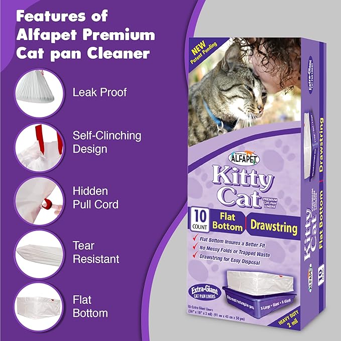 Alfapet Litter Box Liner Flat Bottom Pack of 10 - Super Heavy Duty Kitty cat Litter Bags with Drawstring for Poop and Liquid Waste - Jumbo Design for Extra Large Cat Pans
