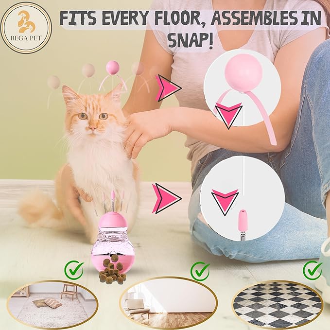 Cat Treat Toy for Indoor Cats - 16.3 '' Cat Interactive & Wand Toy for Bored Adult & Kitten Puzzle Slow Feeder Training Bowl Food Dispenser Track Balls - Christmas & Birthday Gifts (Pink)