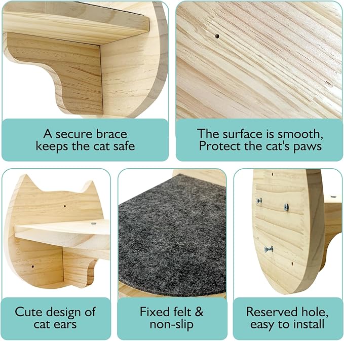 kathson 6 Pcs Cat Wall Mounted Shelves Cat Wall Steps Shelves Wood Cat Climbing Shelves Cat Stairs with Non Slip Felt Cat Ladder Cat Wall Bed Cat Wall Furniture Cat Perch for Springboard Playing