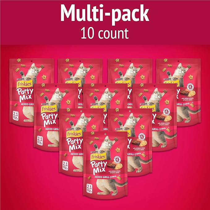 Purina Friskies Cat Treats, Party Mix Mixed Grill Crunch - (Pack of 10) 2.1 oz. Pouches