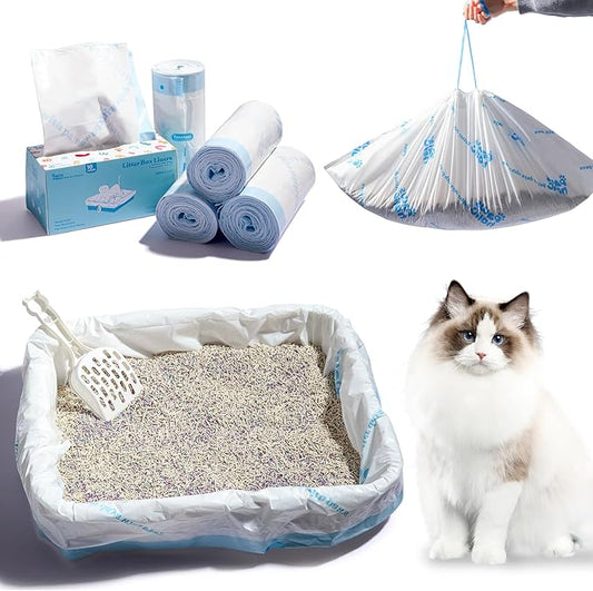 Cat Litter Box Liners-Jumbo Drawstring Thickened Cat Box Liner, Leak and Tear Resistant-10 Count 36" x 18", Replacement Waste Bags