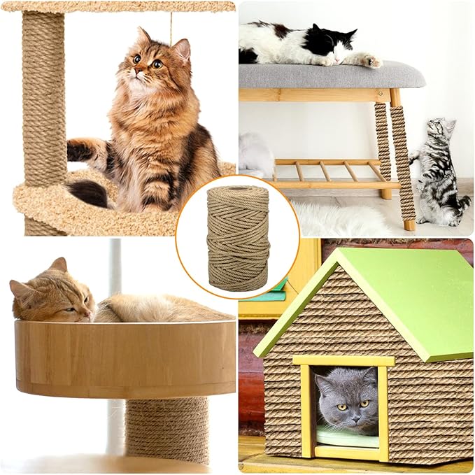 Jute Rope for Cat Scratch Post 1/6" mm Diameter 164 FT Cat Natural Hemp Rope Cat Tower Repair Rope Cat Tree Rope Replacement Recovering and DIY