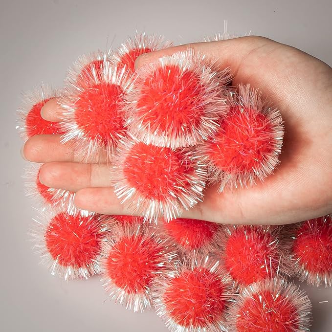 VAPKER 30 Pcs Cat Ball Toys Sparkle Balls Extra Large 2 Inch Cat's Favorite Chase Glitter Ball Glitter Tinsel Pom Poms Balls Red Color