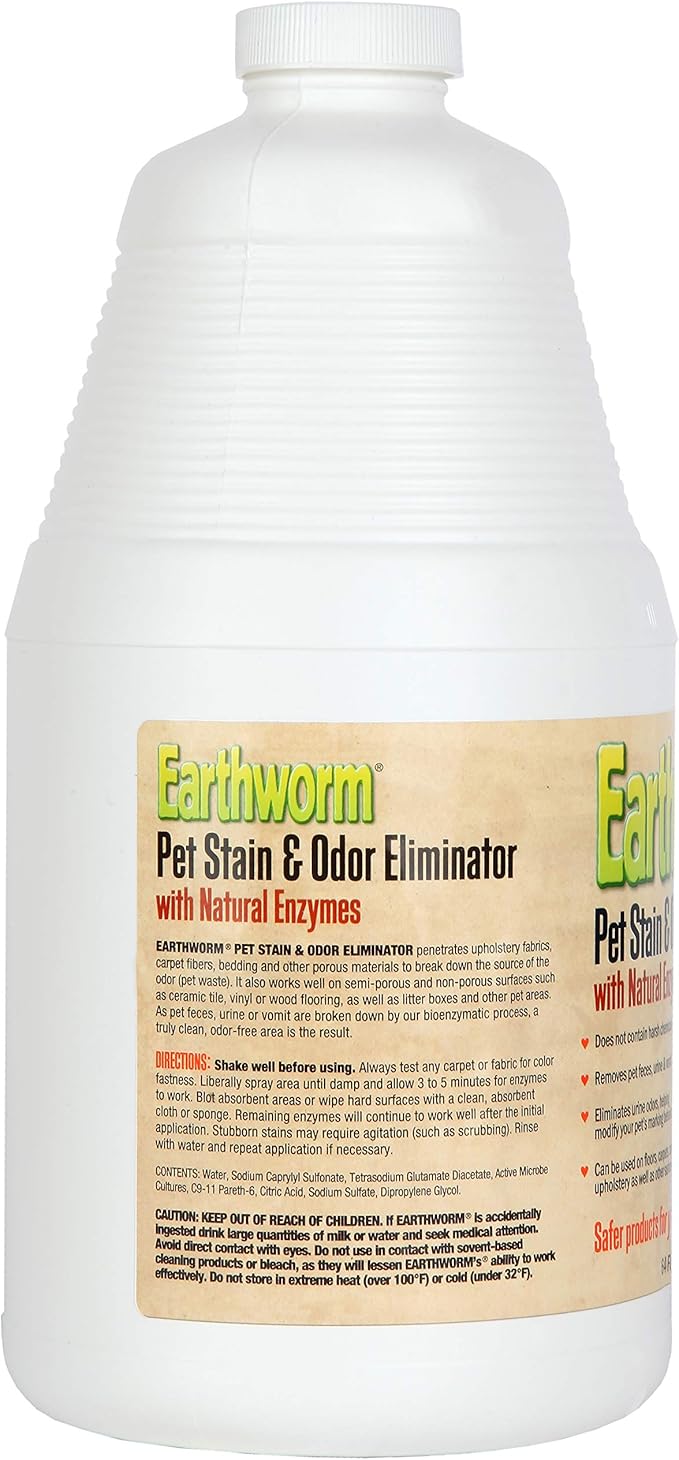 Earthworm Pet Stain Remover & Odor Eliminator- Removes Urine Smell with Natural Enzyme Formula, Fragrance Free Spray - 64 oz