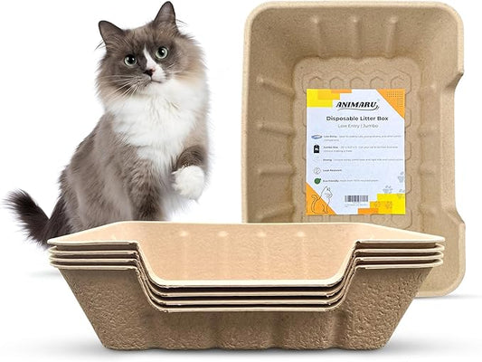 Disposable Litter Boxes for Cats, Jumbo, Low Entry, 4 Pack, 20"x14.5"x5" | Animaru | Sturdy, Leak Resistant and Sustainable