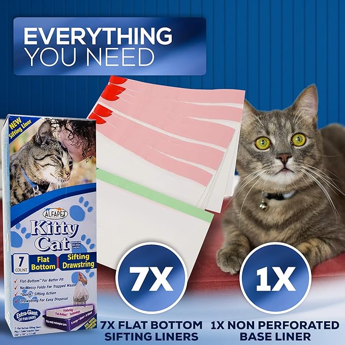 Self Sifting Kitty Litter Box Liners, Set of 7 - Flat Base Disposable Cat Waste Tray Bags for Pet Poop - XL Design for Large Trays - With Inbuilt Drawstring Handles - Liner Fits the Corner of the Pan