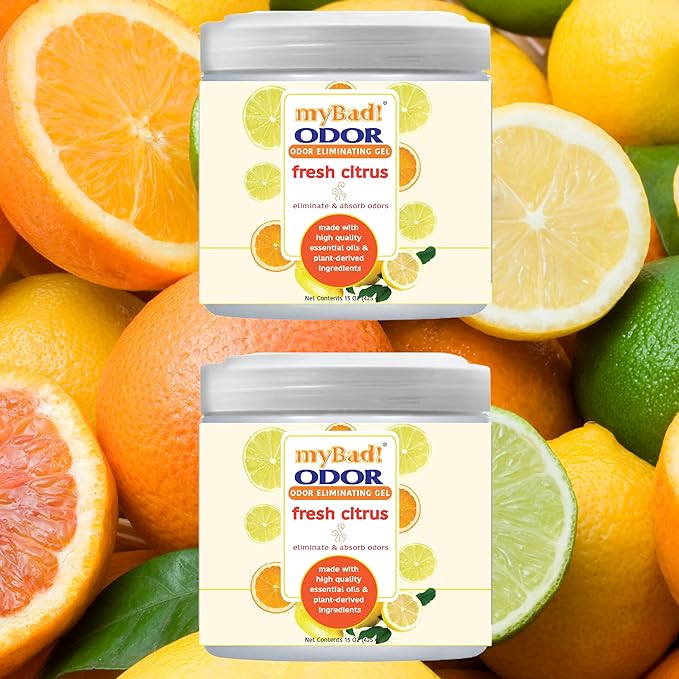 Odor Eliminator Essential Oil Gel 15 oz - Air Freshener - Eliminates Odors in Bathroom, Pet Area, Closets, RVs, Pet Areas (Fresh Citrus, 2 Pack)