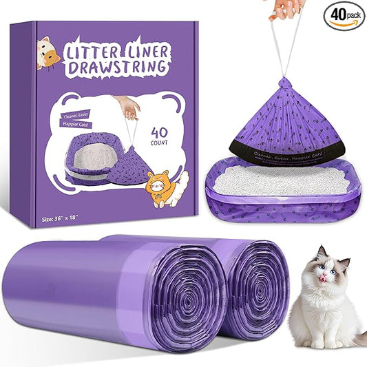 40 Count Cat Litter Box Liners Bags Large, Jumbo Drawstring Extra Thick Pet Cat Pan Liners, Extra Durable Kitty Litter Box Waste Bags - 36" x 18"
