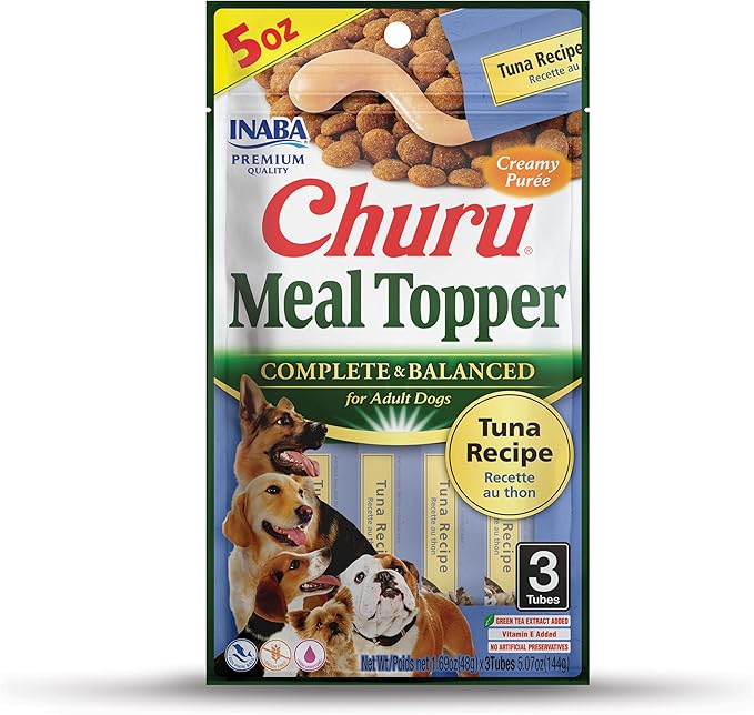 INABA Churu Meal Topper for Dogs, Complete & Balanced, Creamy, Lickable Purée Dog Food Toppers, 1.69 Ounce Tube, 3 Tubes (3 per Pack), Tuna Recipe