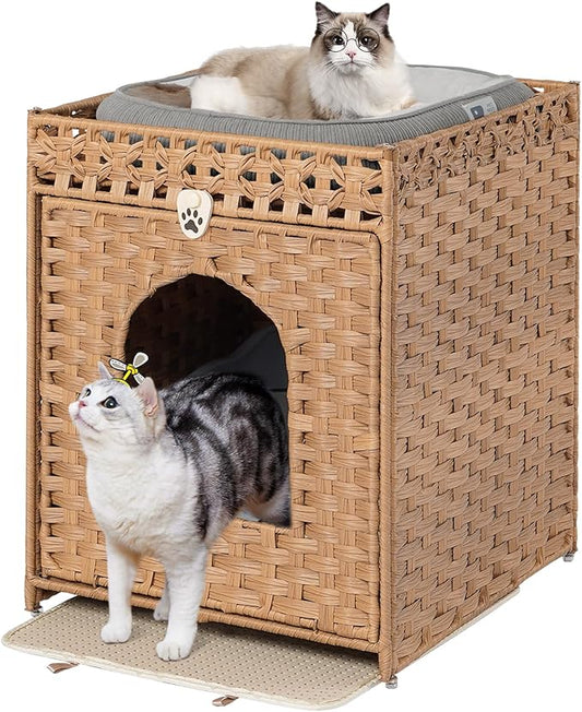 Snughome Cat Litter Box Enclosure Furniture Hidden with Cat Litter Mat, Hidden Cat Washroom Furniture with Door, Handwoven Rattan Cat Washroom Box, Indoor Pet House for Living Room, Bedroom(Natural)