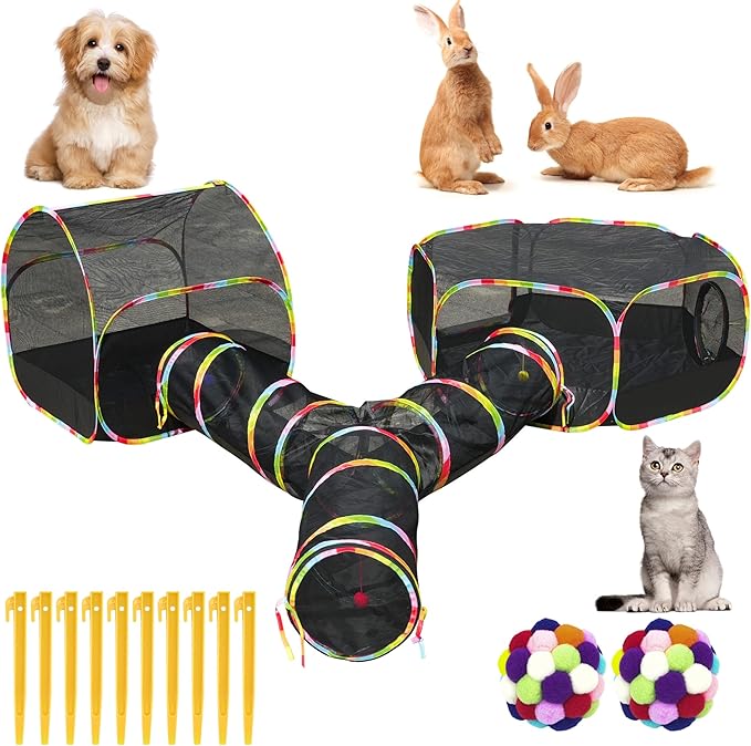 Outdoor Cat Enclosures Playground with Cat Toy Balls, Portable Cat Playpen Enclosed for Indoor Cats Includes 3 Way Cat Tunnel+Cat Tent+Pet Playhouse, Cat Outdoor Enclosure for Small Animals