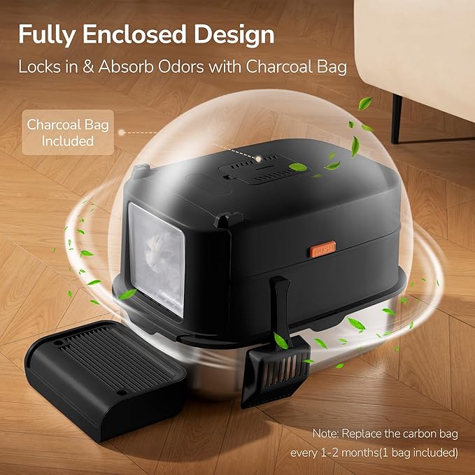 Stainless Steel Litter Box with Lid – XL Removable Covered Cat Litter Box with Door Flap,Extra Large Enclosed Metal Litter Box with High Sides,Litter Scoop – Durable & Easy to Clean,Black