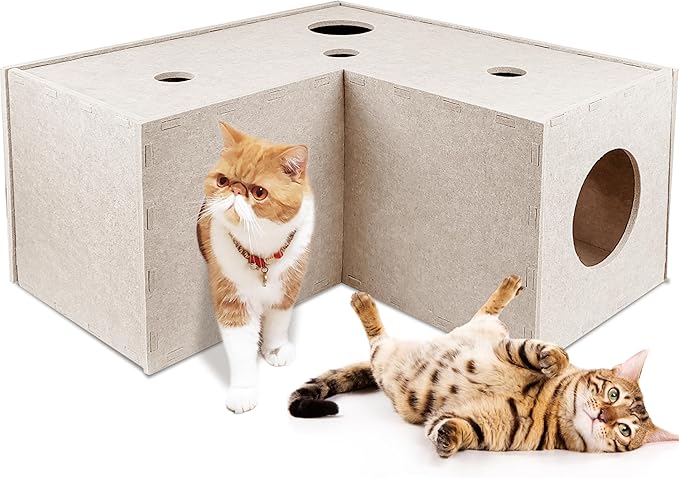 Cat Tunnel, L-Shape Cat Hideaway, Cat Tunnels for Indoor Cats, Grey Soft Felt Cat Toy, Pet Cat Play Tunnel with Interactive Peek Hole