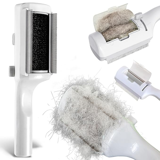 Pet Hair Brush for Short or Long Haired Cats/Dogs, Hair Brush no Water, Sticky Brush for Shedding and Grooming, Hair Recycling Box, Self Cleaning, Skin-friendly, White, Unisex
