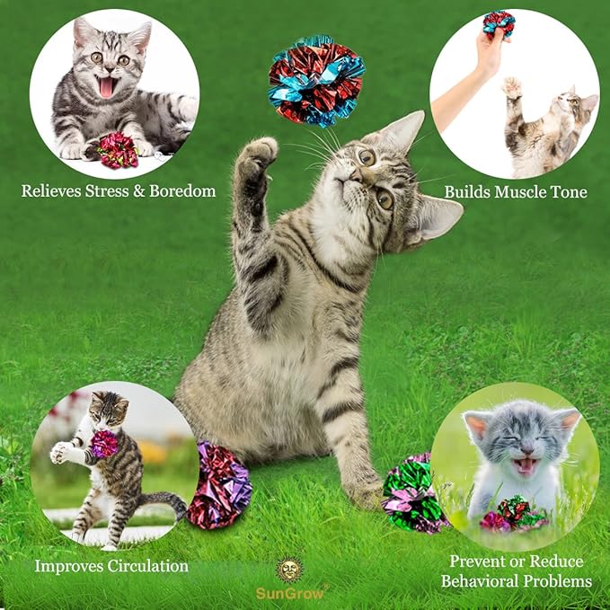 SunGrow 12 Pack Cat Crinkle Balls - 2 Inch Toys for Indoor Pets - Keep Your Feline Energetic & Excited with Vibrant Colors, Lightweight Design for Long-Lasting Fun, Perfect for Playtime