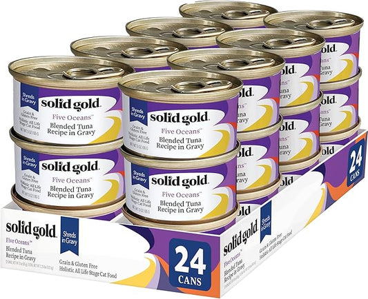 Solid Gold Wet Cat Food Shreds in Gravy - Canned Cat Food Made w/Real Tuna - Five Oceans Grain Free - 24ct/3oz Can