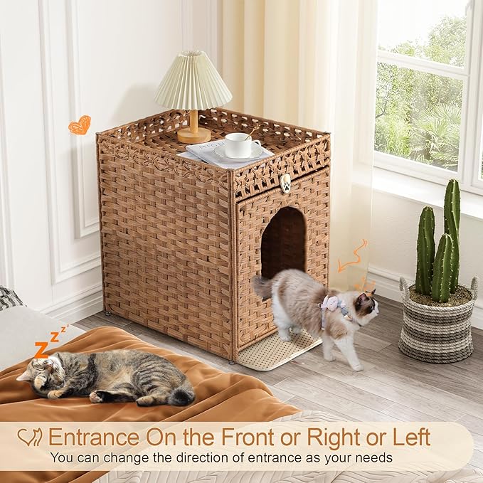 Snughome Cat Litter Box Enclosure Furniture Hidden with Cat Litter Mat, Hidden Cat Washroom Furniture with Door, Handwoven Rattan Cat Washroom Box, Indoor Pet House for Living Room, Bedroom(Natural)