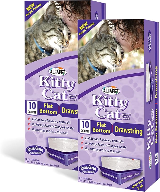 Alfapet Flat Bottom Cat Litter Box Liners, Pack of 20 - Super Heavy Duty Kitty Litter Bags with Drawstring for Poop and Liquid Waste - Jumbo Design for Extra Large Cat Pans