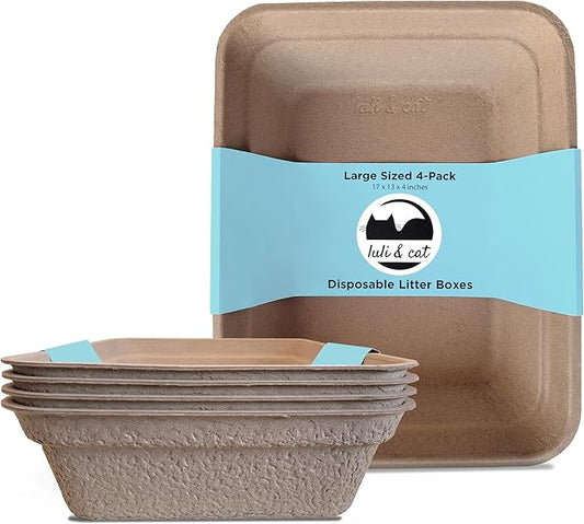 Luli & Cat Disposable Litter Boxes for Cats | Large Sized 4-Pack | Durable and Water Resistant
