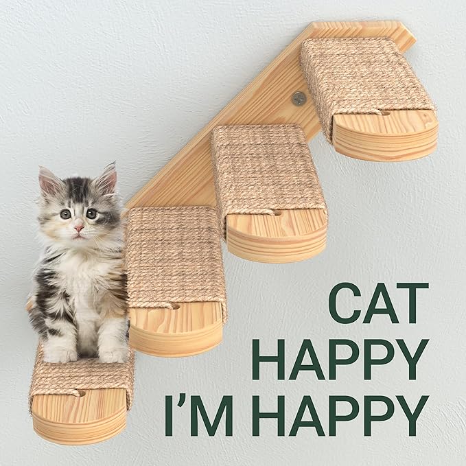 Skywin Cat Steps - Solid Rubber Wood Cat Wall Stairs Great for Scratching and Climbing - Easy to Install Wall Mounted Cat Wall Shelves for Playful Cats (Wood, Left-Right)