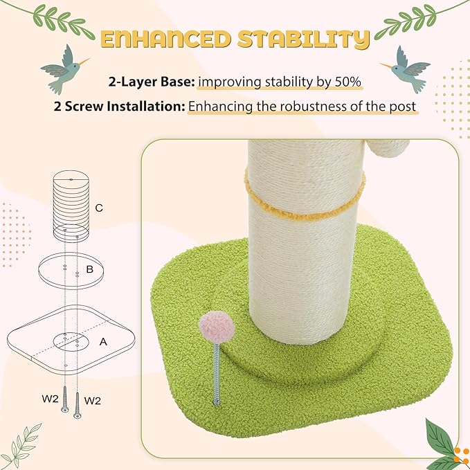 PEQULTI Flower Cat Scratching Post, Small Cat Tree, Tall Cat Scratcher for Indoor Cats with Super Thick Scratching Post [Dia=5.5''], Removable Flower Cat Bed, Cat Scratch Post with Spring Ball, Yellow